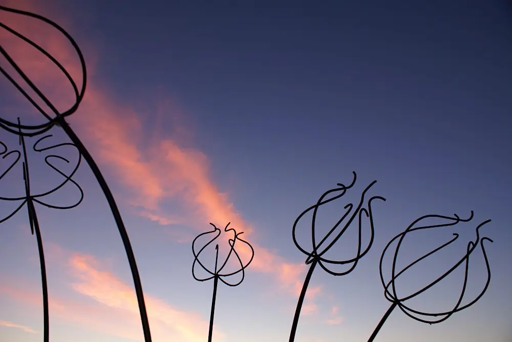 Draadsculpturen afgetekend tegen de avondlucht